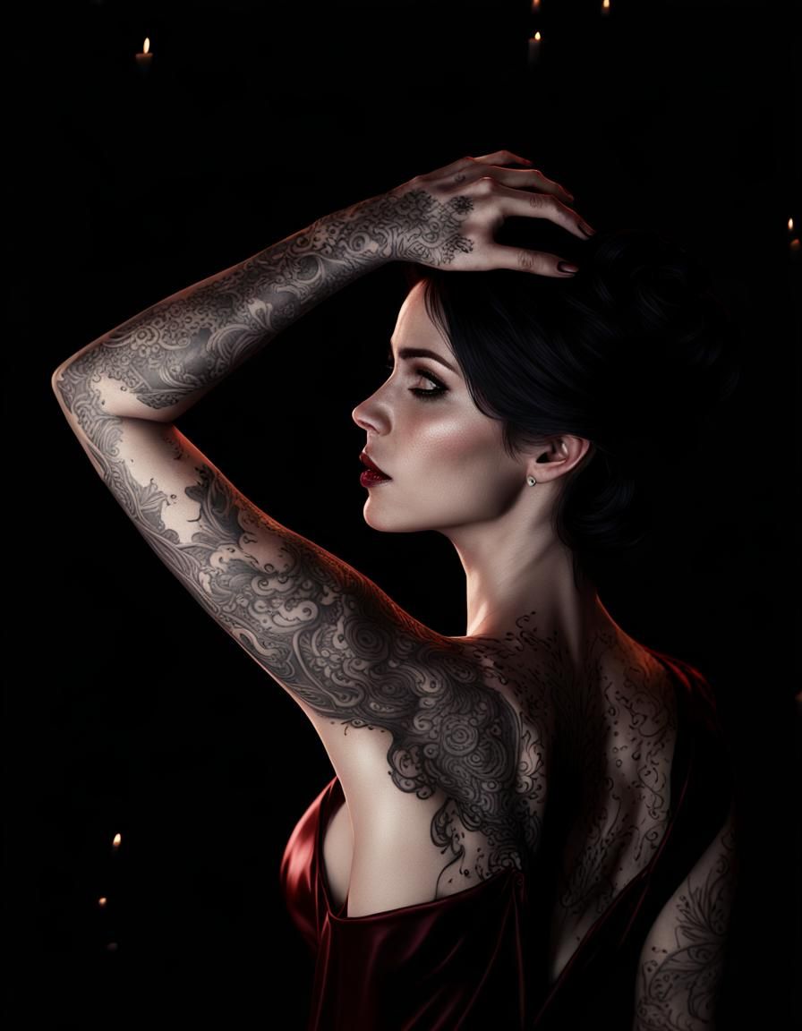 Tattooed Woman in Red Gown, Dark Fantasy Art