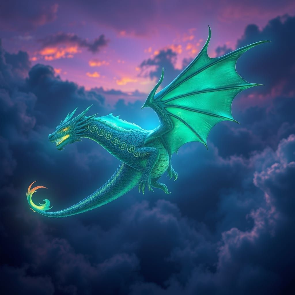Luminescent Dragon Soars Through Iridescent Mist in Deep Twi...