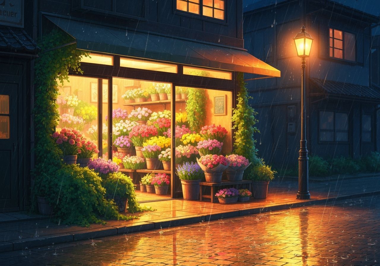 Rainy Flower Shop in Anime Style