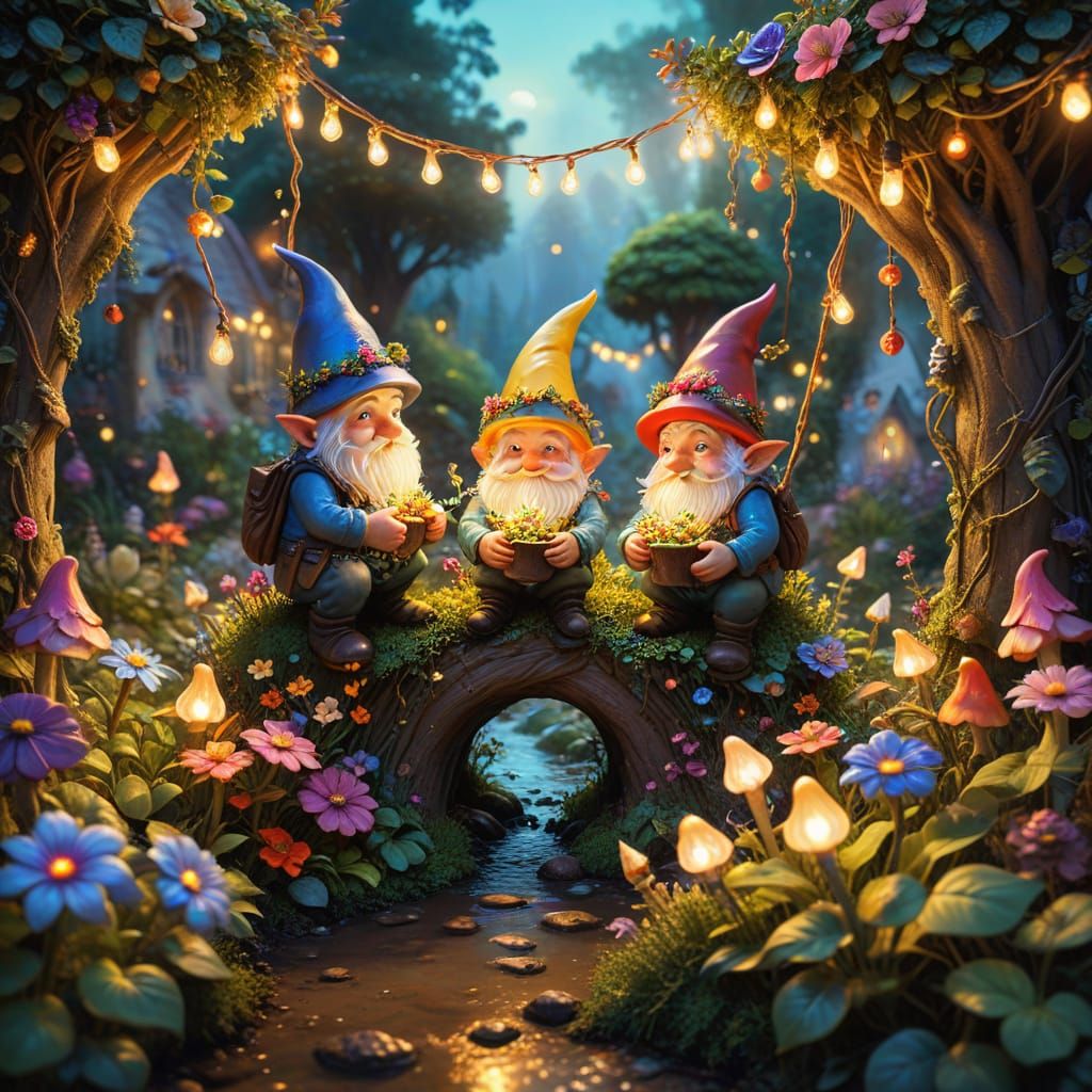Magical Gnome Garden in Vibrant Oil Painting Style