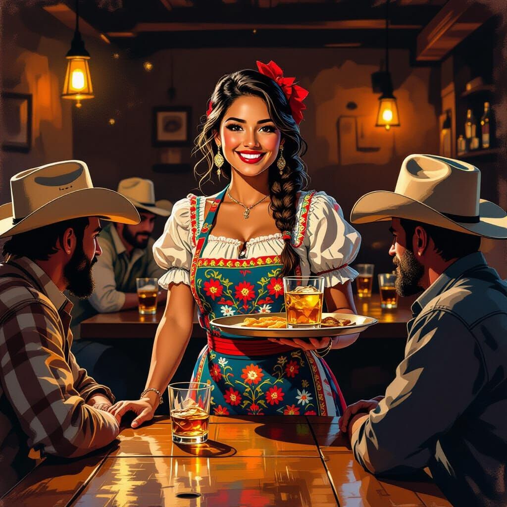 Smiling Latina Server in a Rustic Cantina