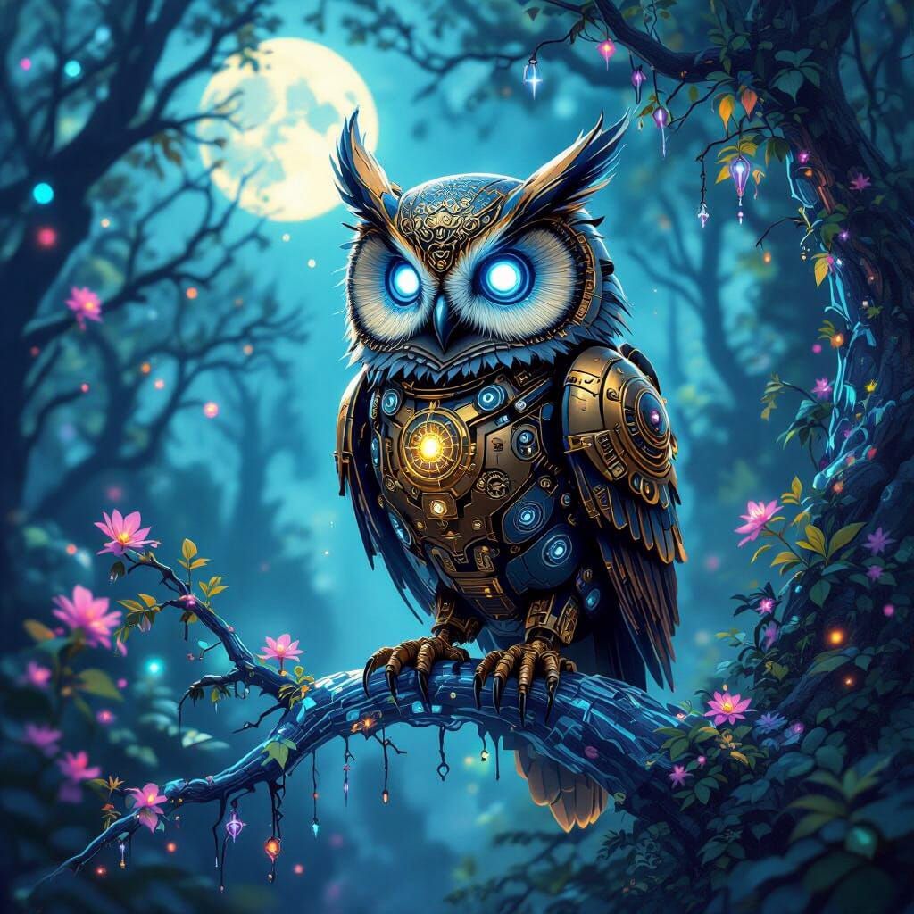 Steampunk Robotic Owl in Bioluminescent Forest