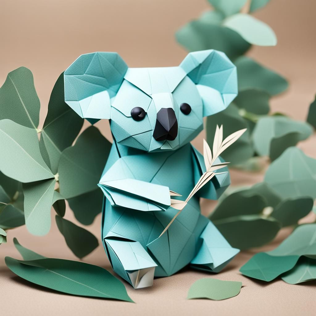 Whimsical Koala Bear Eating Eucalyptus Leaves in Origami Sty...