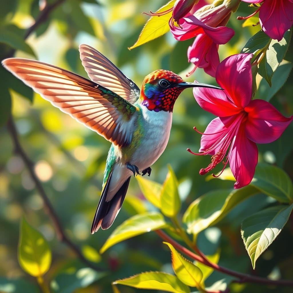 Vibrant Hummingbird Sips Nectar in Luminous Oil Painting