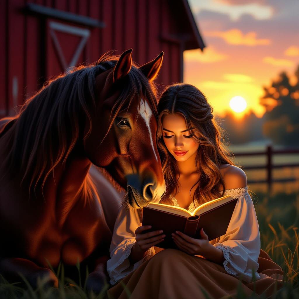 Woman and Horse Reading Glowing Book at Sunrise