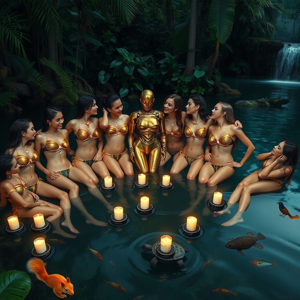 Luminous Goddesses in Tropical Paradise with Golden Robot