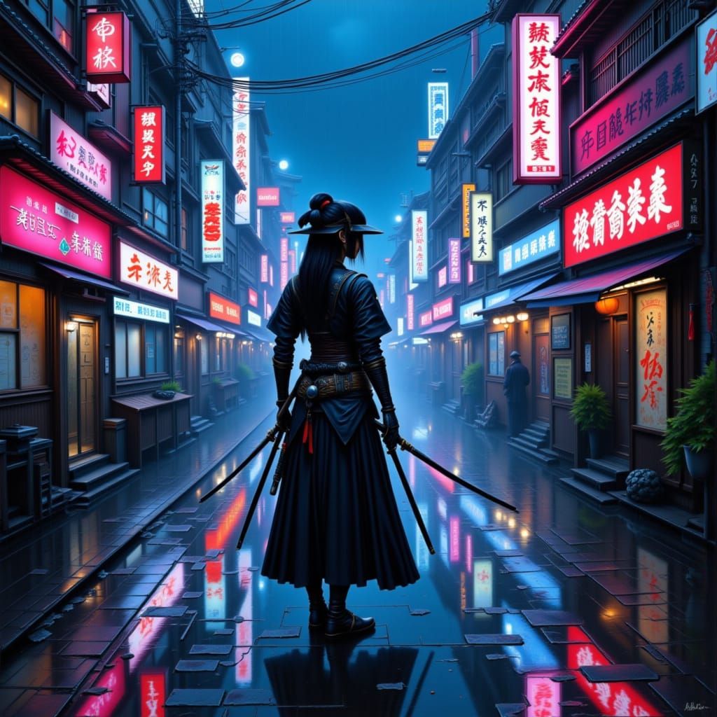Samurai Woman on Rainy Tokyo Street with Glowing Katana