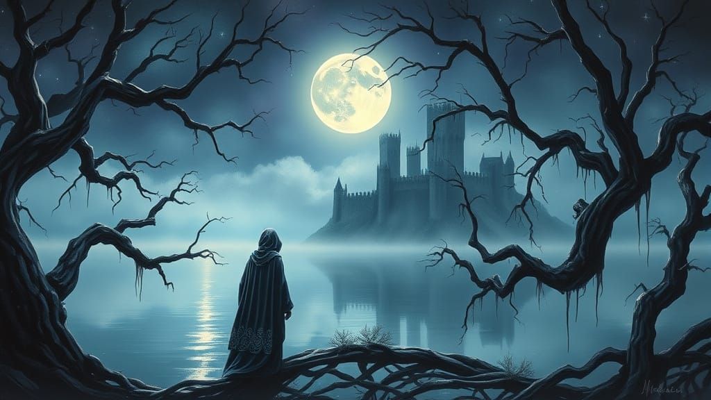 Lone Figure in Moonlit Misty Landscape with Twisted Trees an...