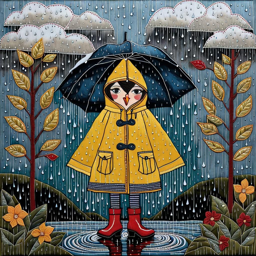 Whimsical Bird in Raincoat as Folk Art
