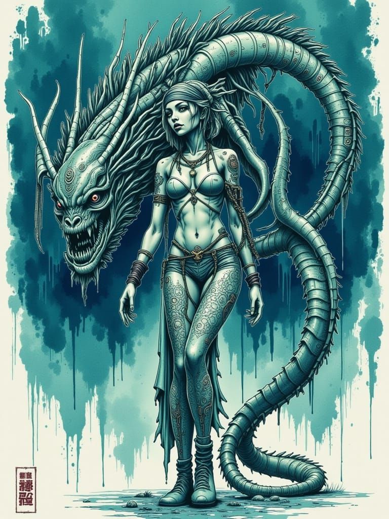 Woman and Oni in Limited Palette Watercolour