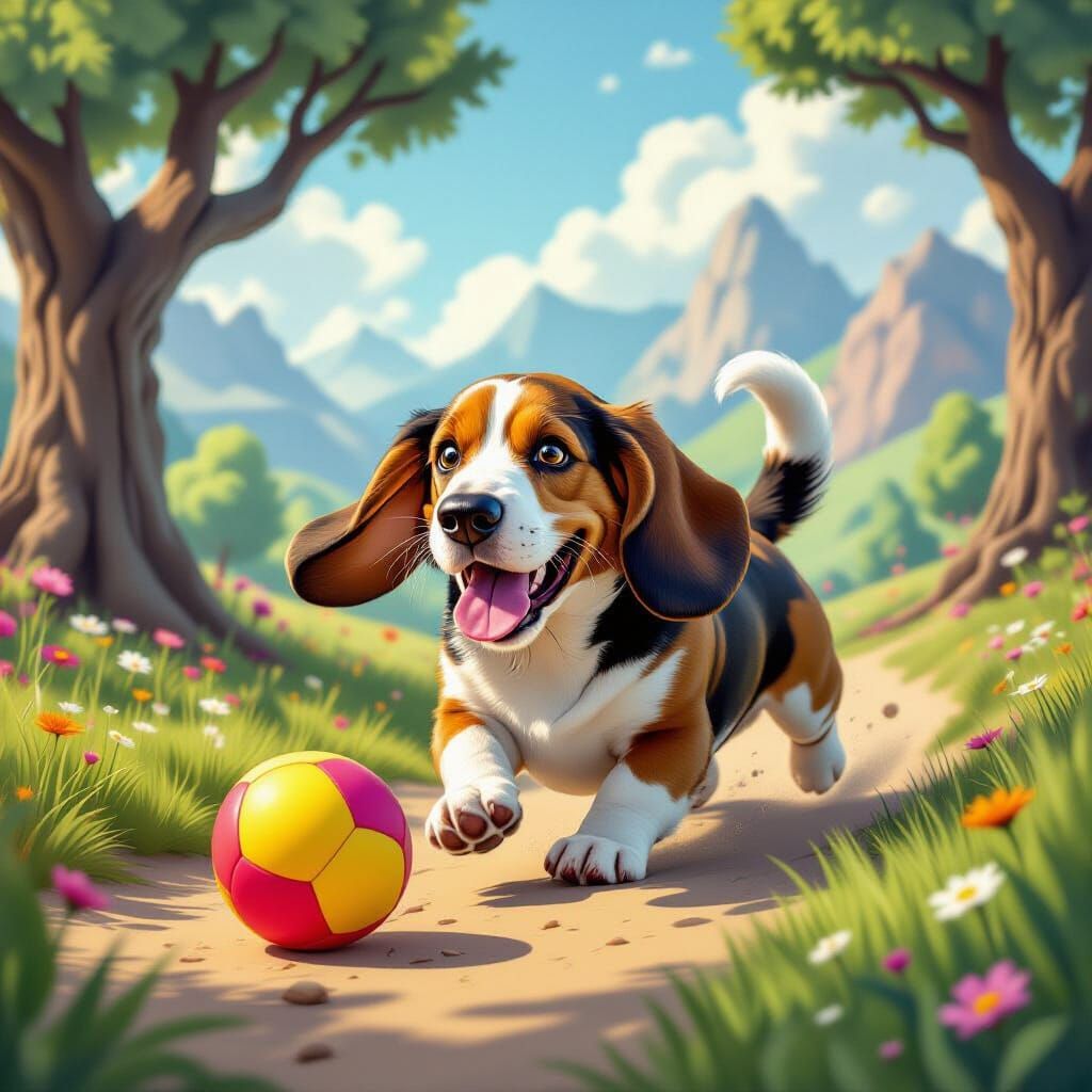 Basset Hound Chasing Ball in Surreal Dreamscape