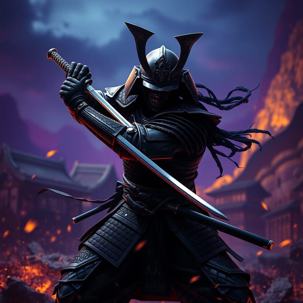 Samurai Warrior in Midnight Battle, Hyperrealistic Art