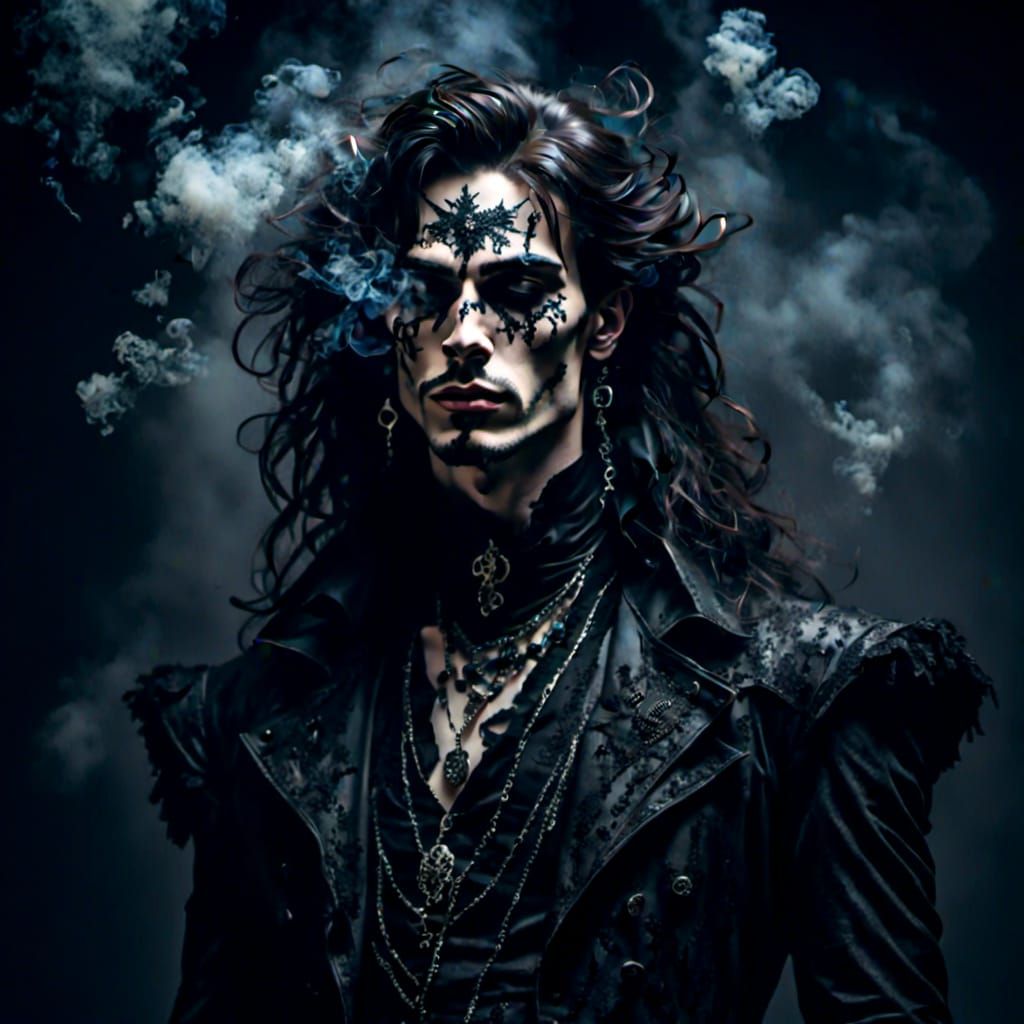 Glamorous Gothic Man Portrait with Dark Smoke