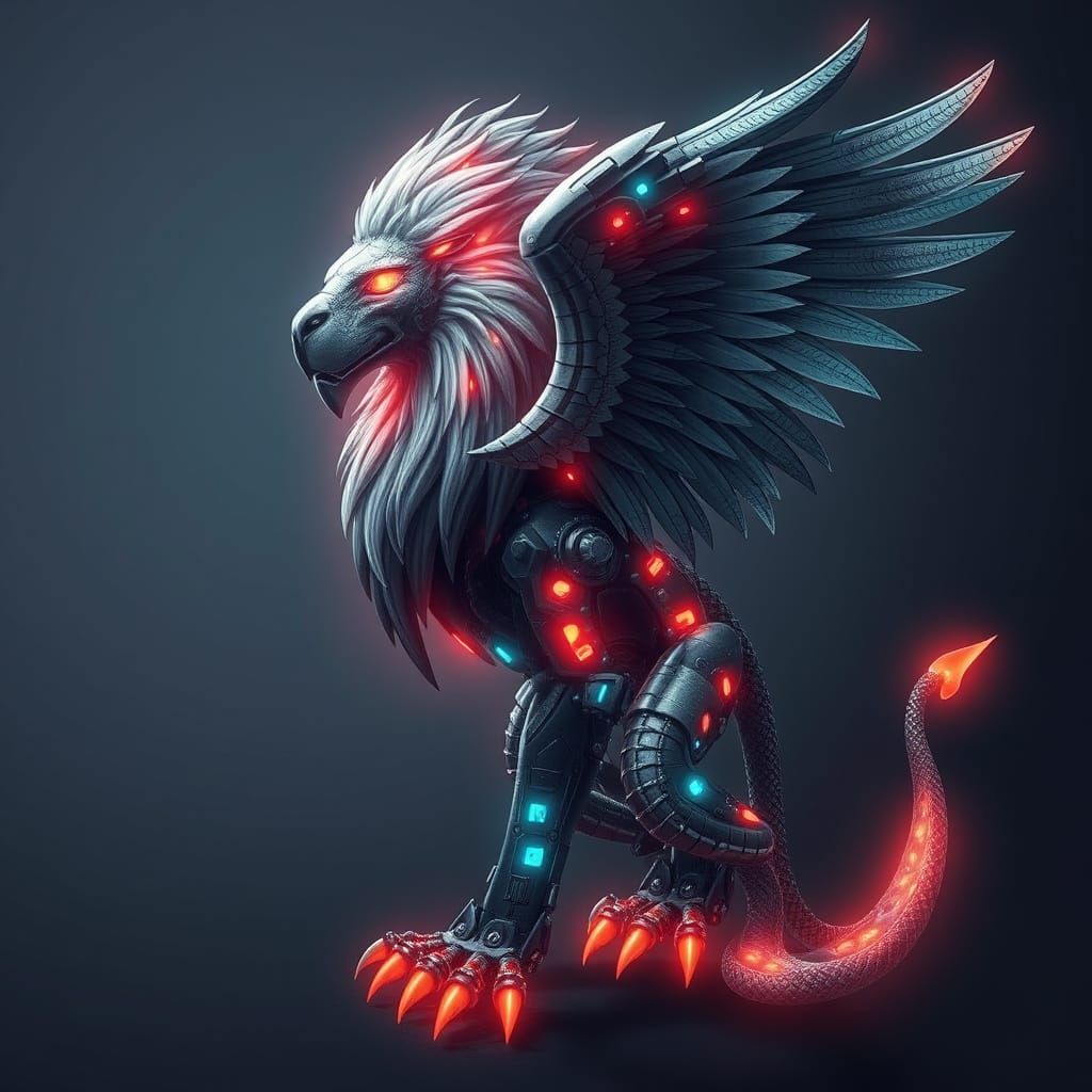 Cybernetic Beast Unleashed: Lion-Falcon-Serpent Hybrid
