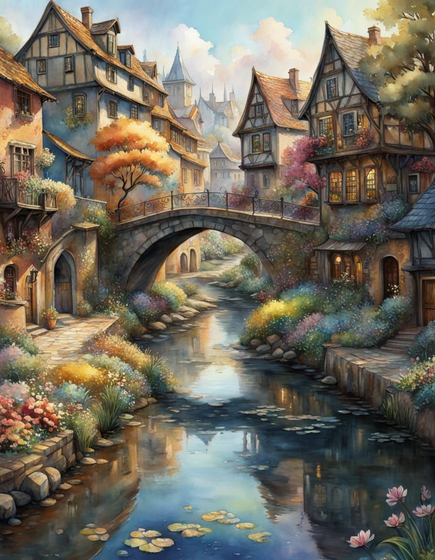 Picturesque Flowery Town by River in Watercolor