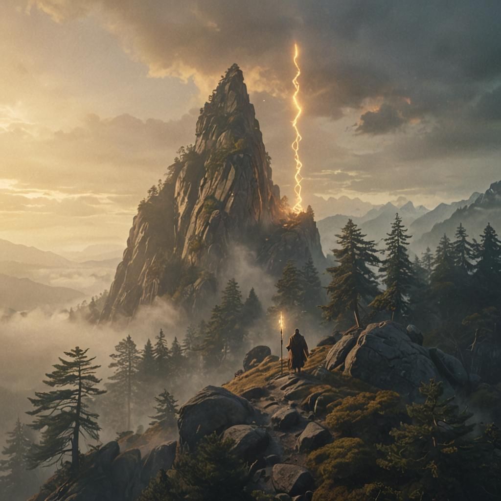 Mystic Figure on Misty Peak in Golden Light