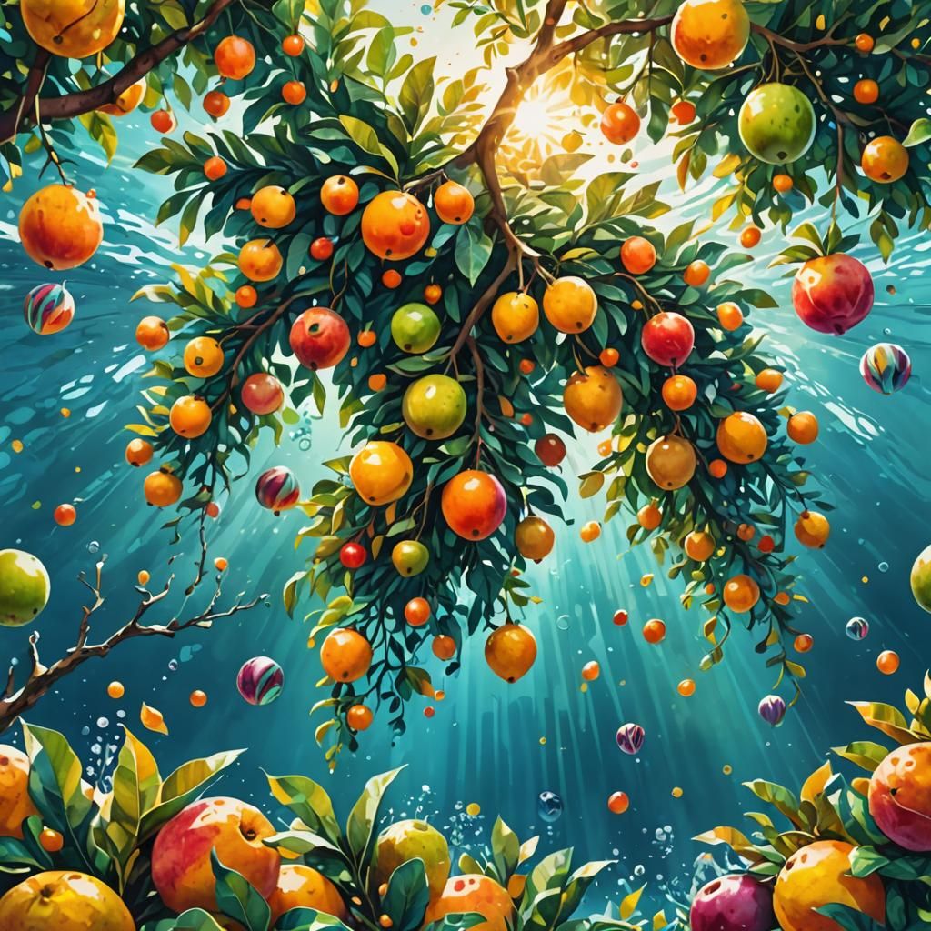 Underwater Fruit Trees in Dreamlike Watercolor Style