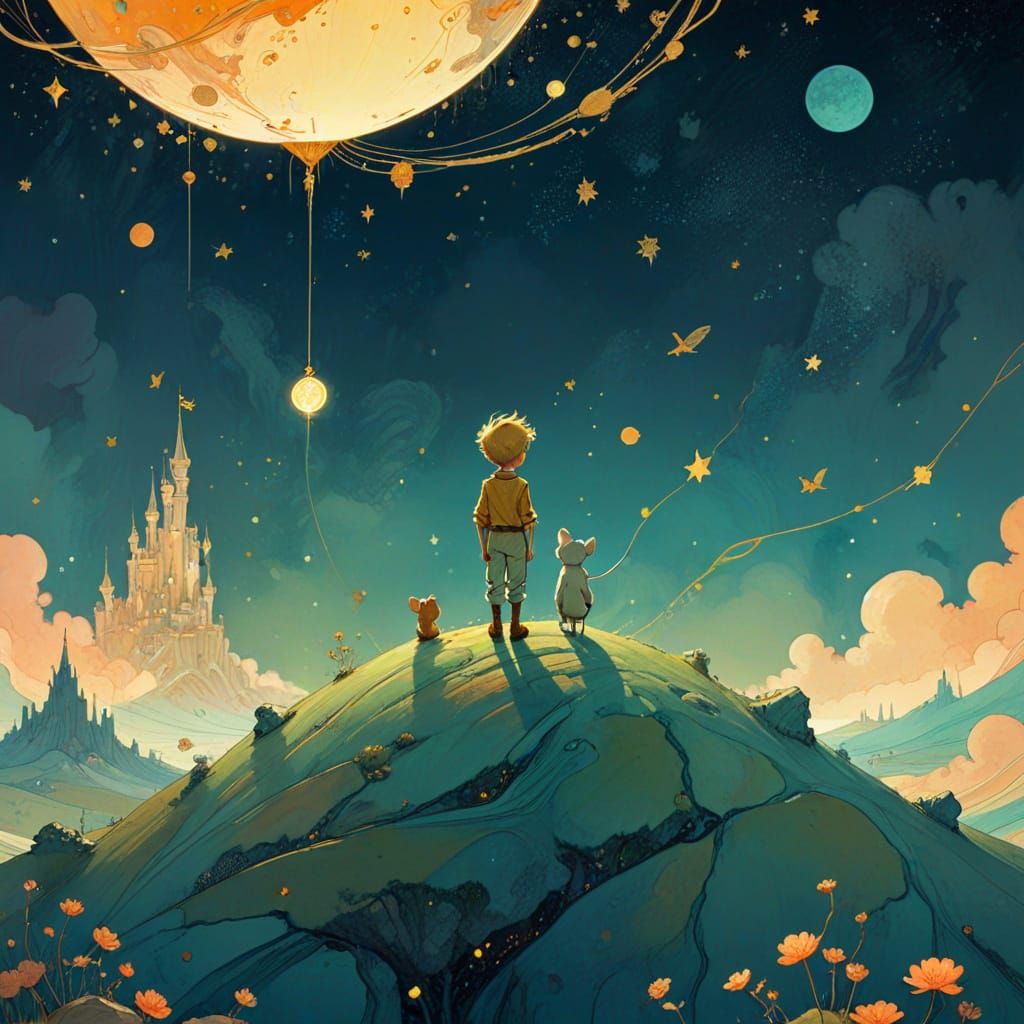 Little Prince and Mouse on a Planet in Fantasy Illustration