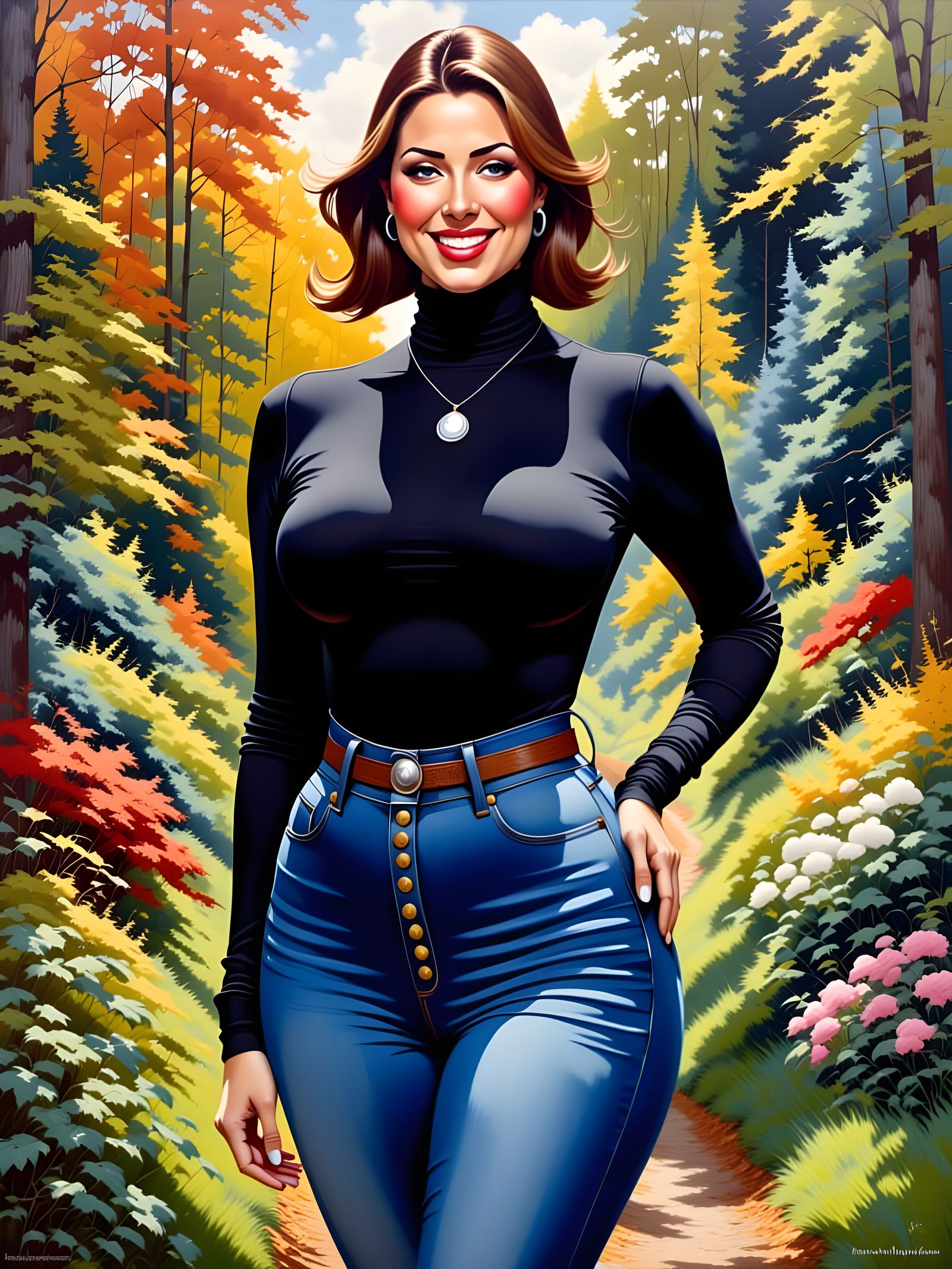 Enticing Woman in Garden, Oil and Ink Painting