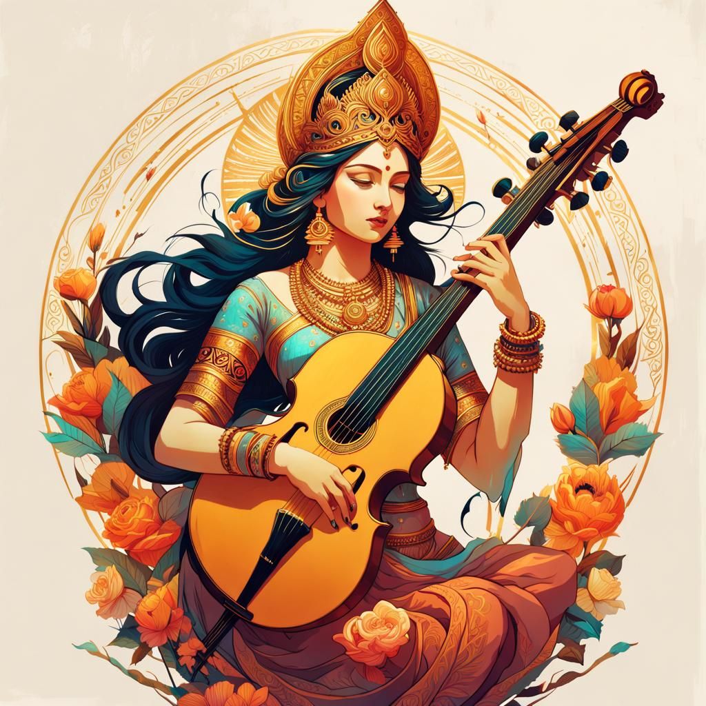Goddess Saraswati Digital Painting with Golden Outlines