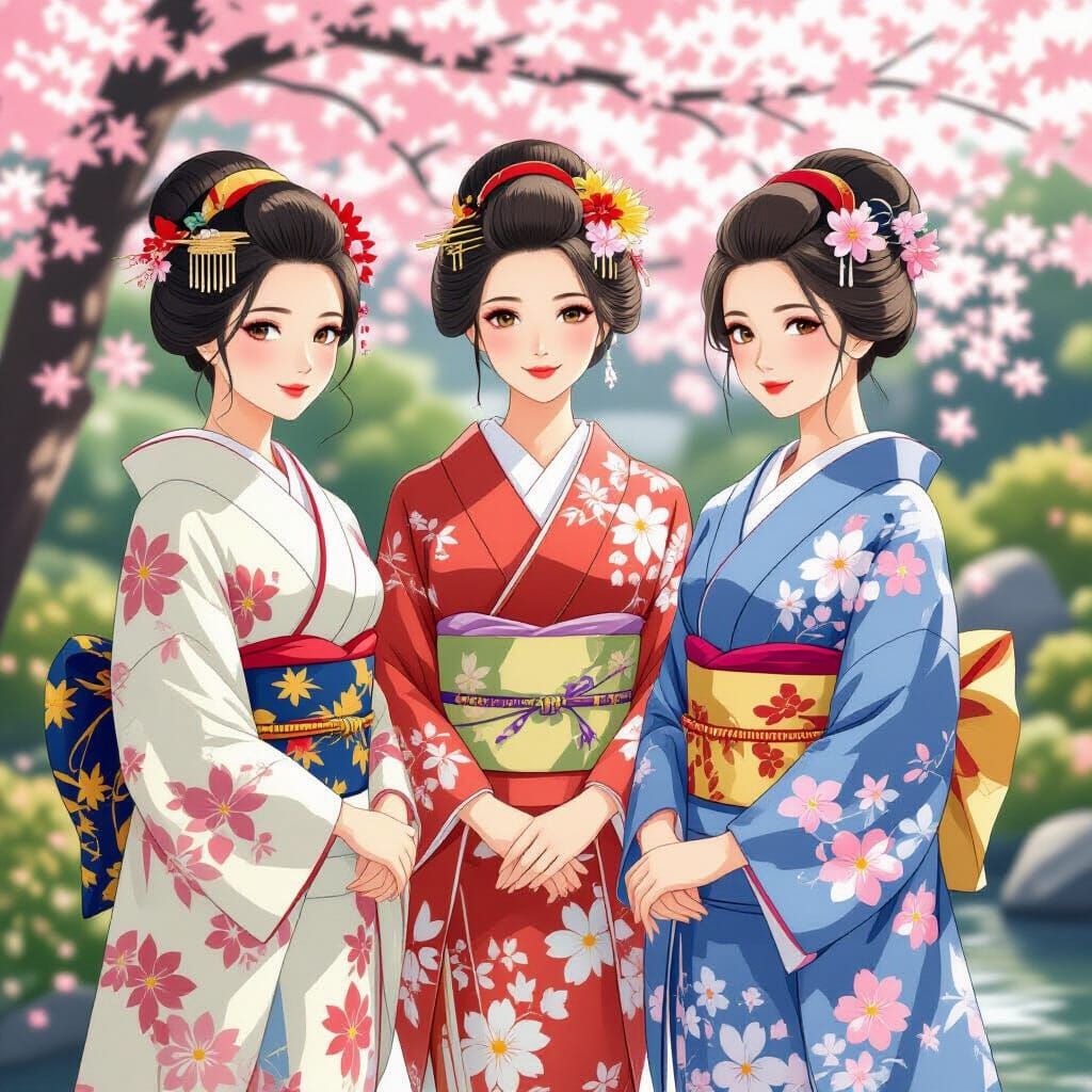 Elegant Sisters in Kimonos in Japanese Garden Art