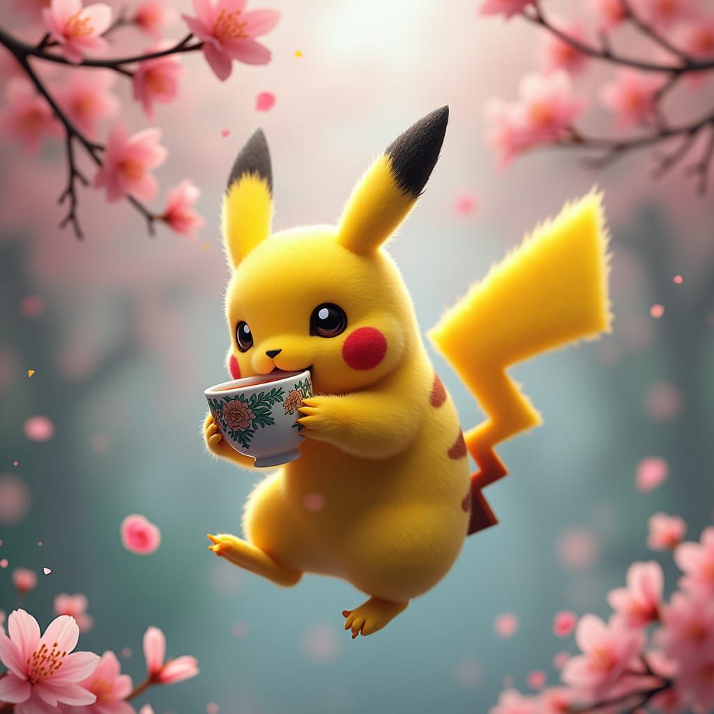 Whimsical Pikachu Sipping Tea in Mid-Air