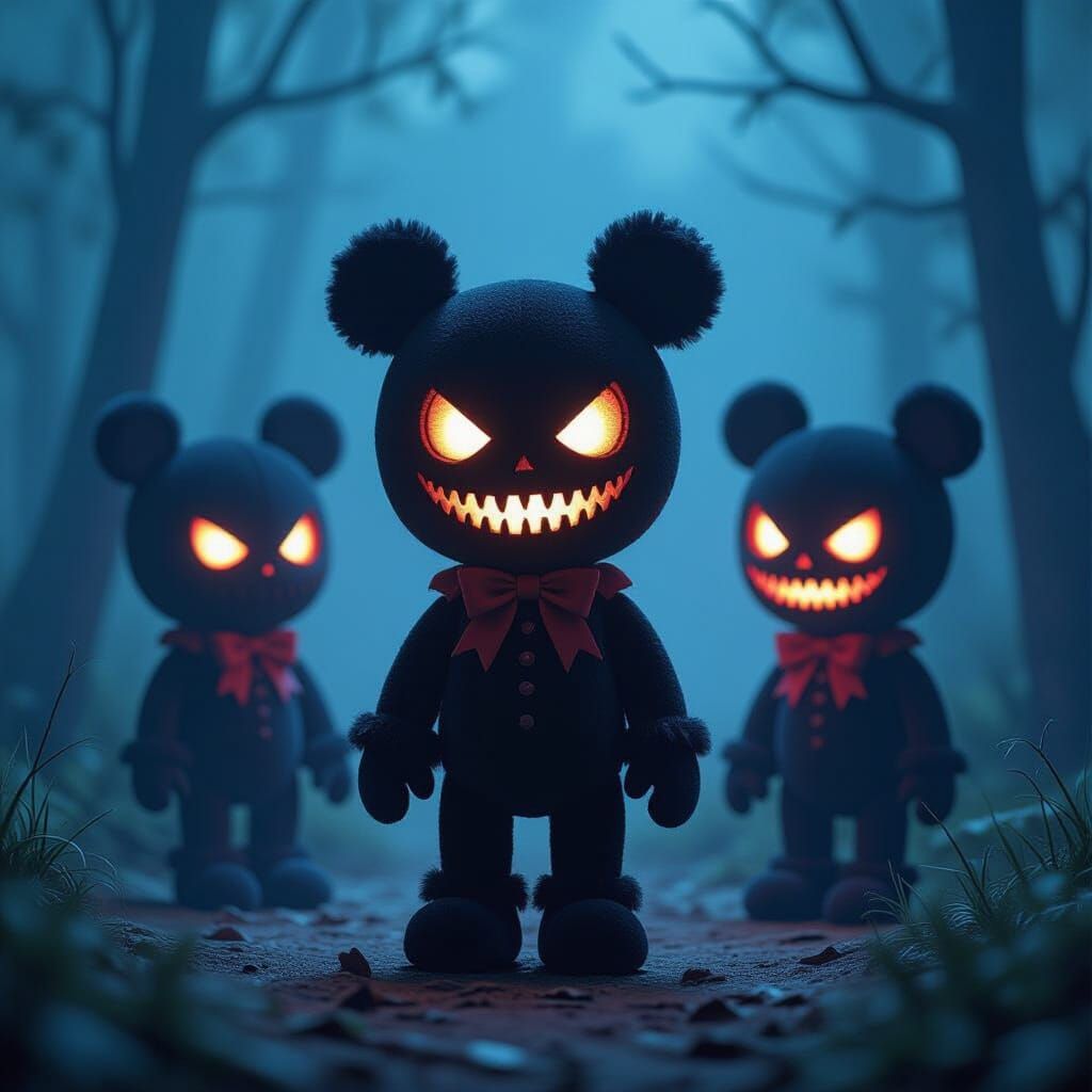 Ominous Plush Toys in Neon Noir Gothic Style