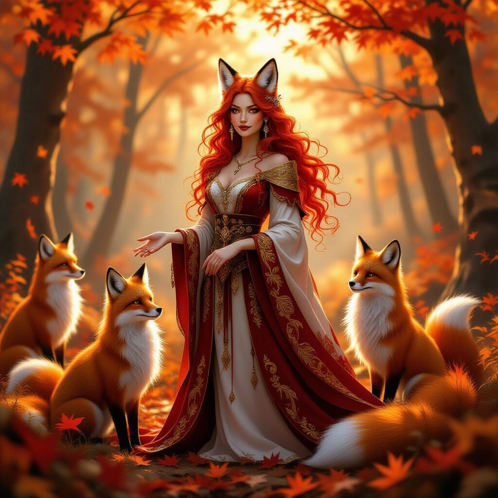 Majestic Fox Queen in Autumn Forest with Fiery Robe
