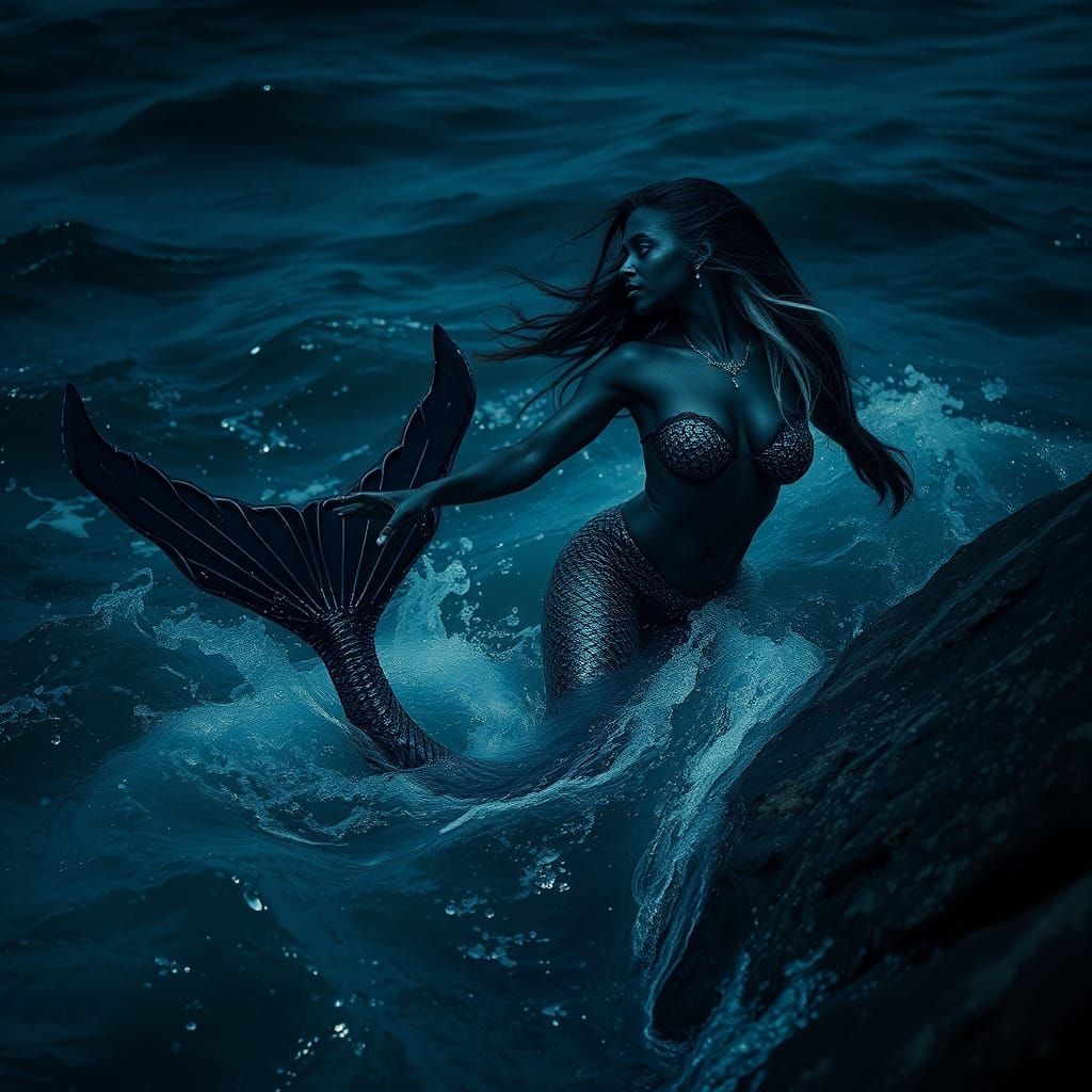 Gothic Mermaid and Man in Moonlit Ocean