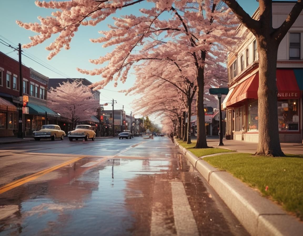 Nostalgic 1950s City Street Corner with Cherry Blossoms