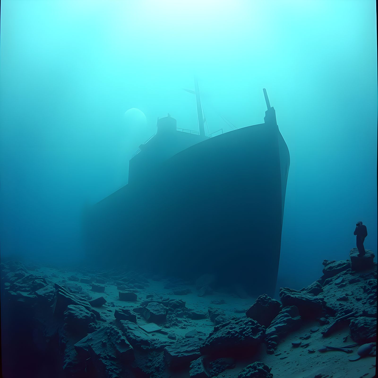 creepy ominous shipwreck on bottom of ocean