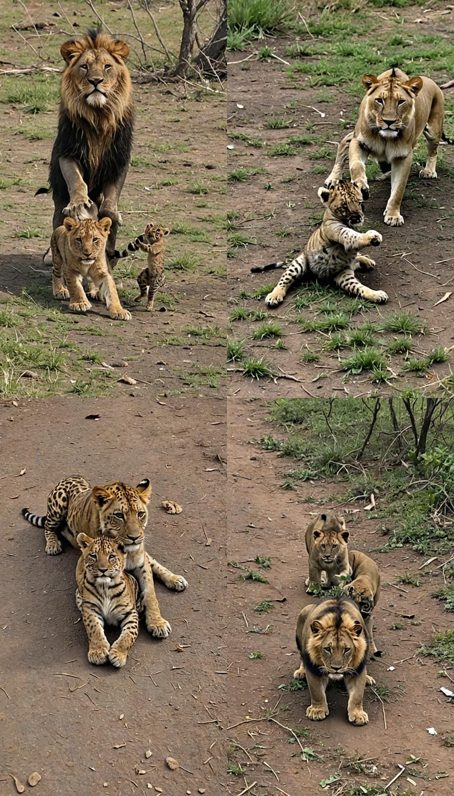 Baby Lion Rescuing Baby Hyena on Hill