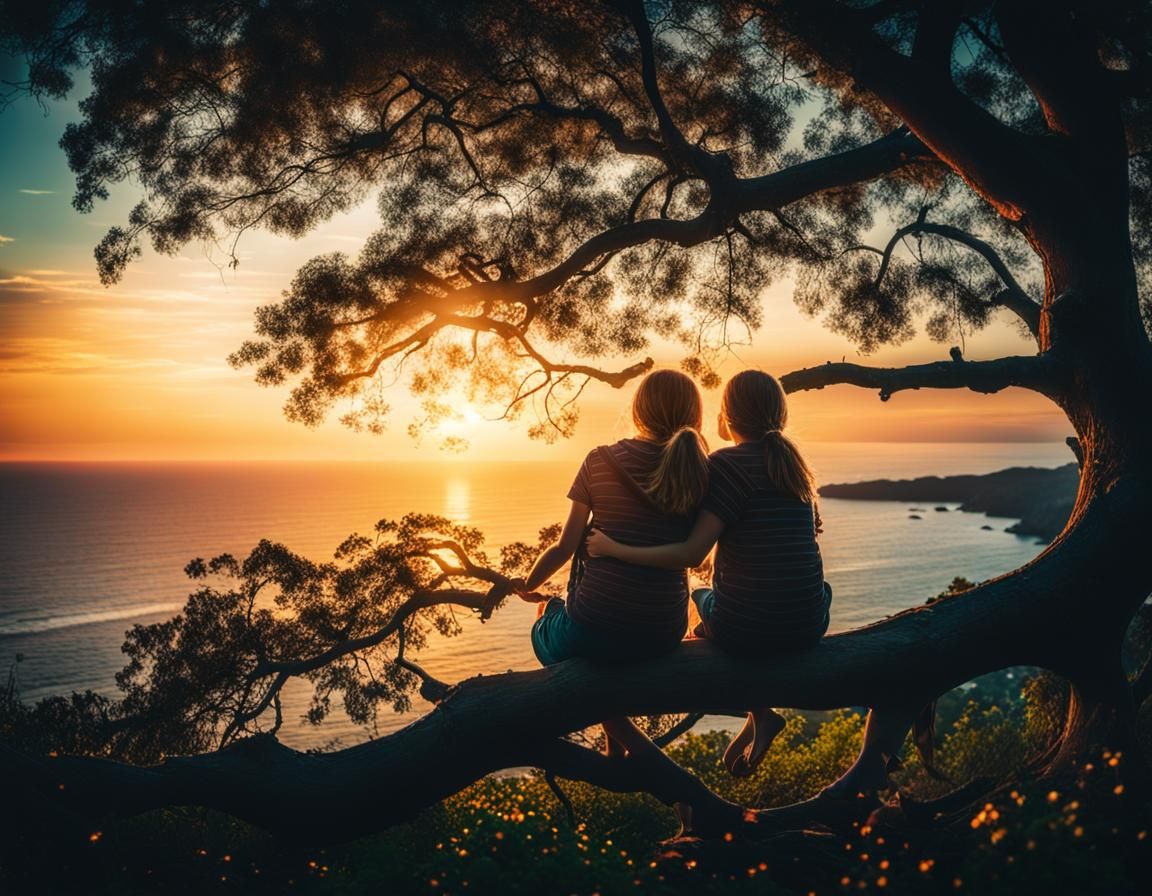 Sisters Silhouetted by Ocean Sunset: Cinematic Film Still