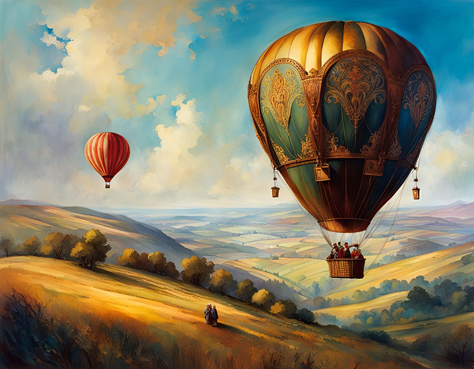 Hot Air Balloon Ride: Steampunk Fantasy in Watercolor