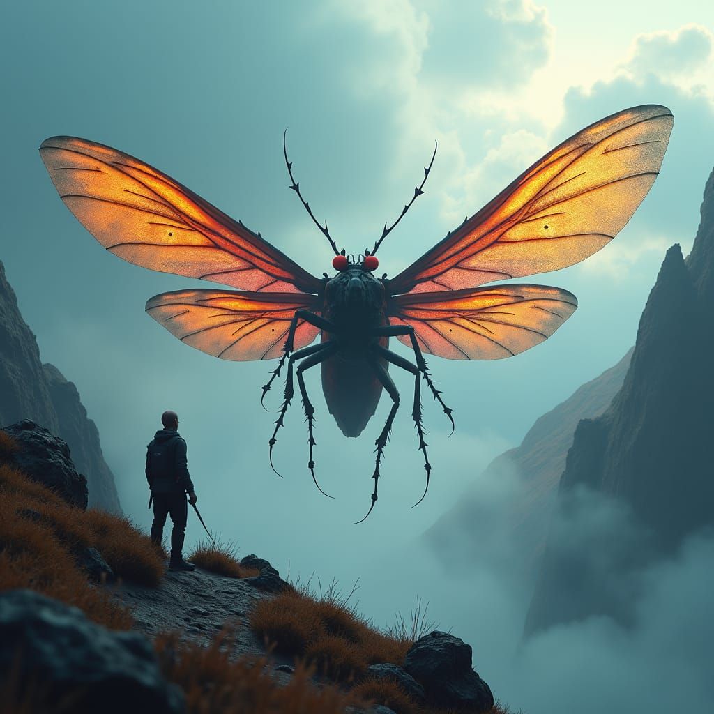 Giant Iridescent Stinging Bugs in Dystopian Landscape