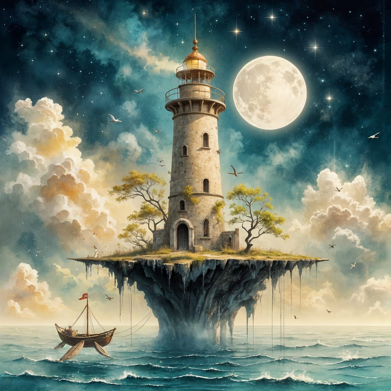 Floating Island Lighthouse with Flying Boat in Watercolor