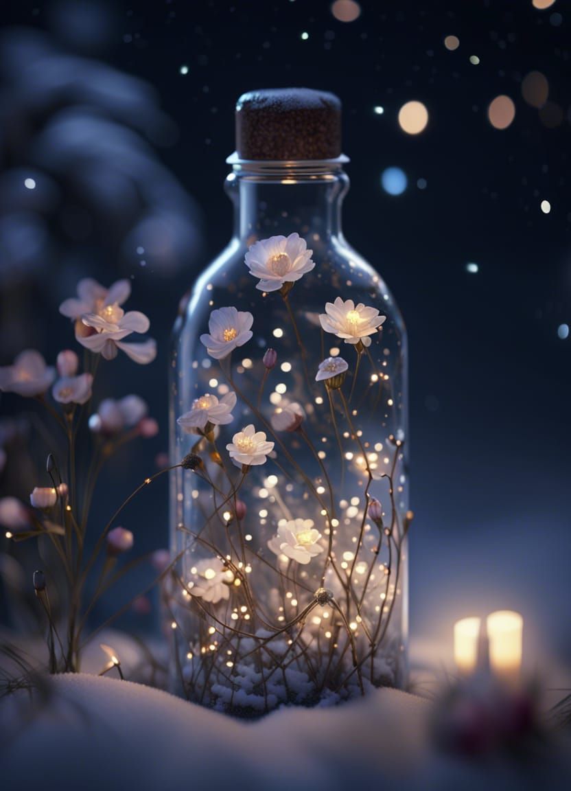 Enchanted Flowers in Glass Bottle at Nightfall