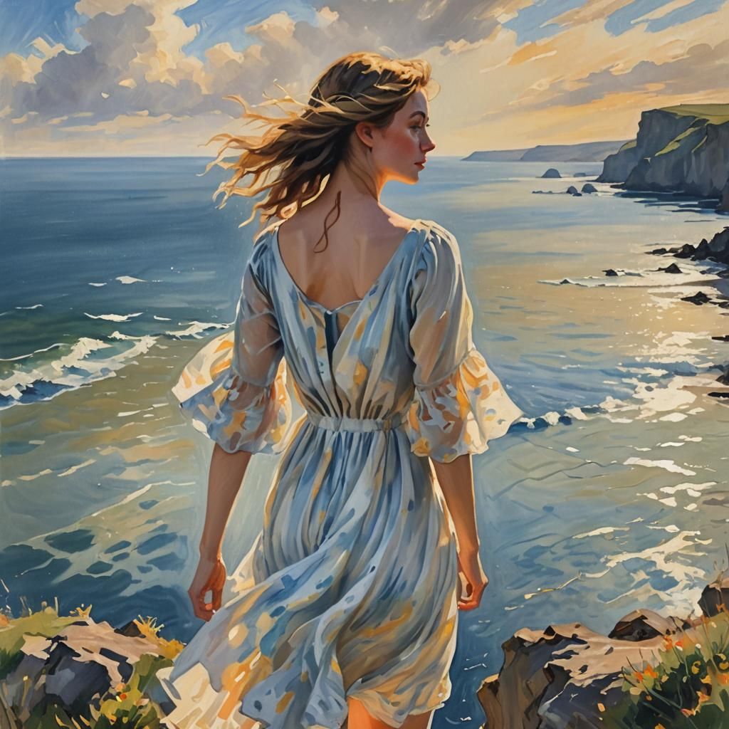 Young Woman Gazing at Sea in Impressionist Gouache