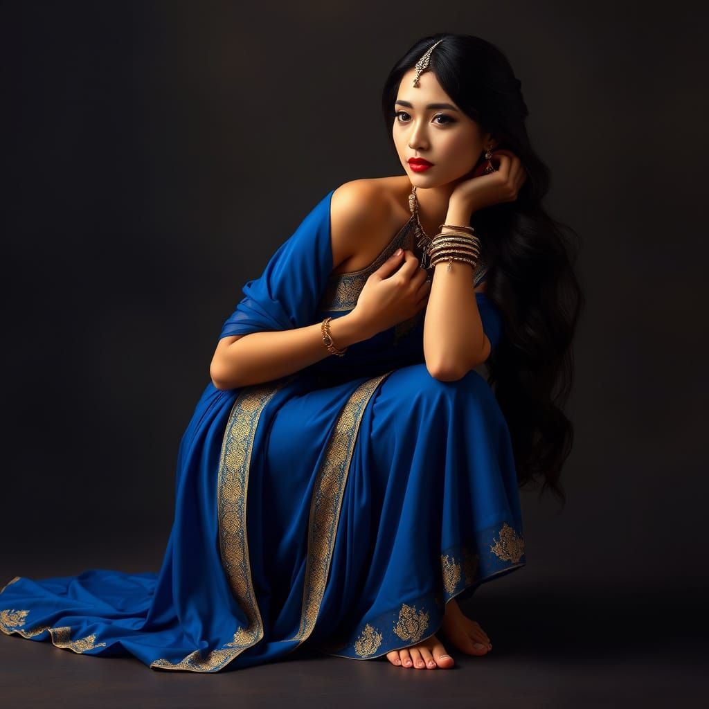 Elegant Vietnamese Woman in Sapphire Gown with Gold