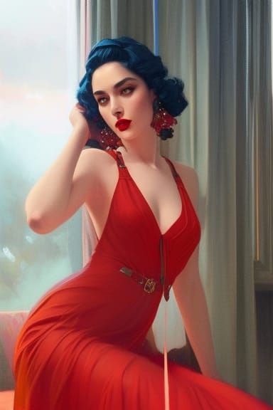 Brunette in Red Dress with Magic Sparkles