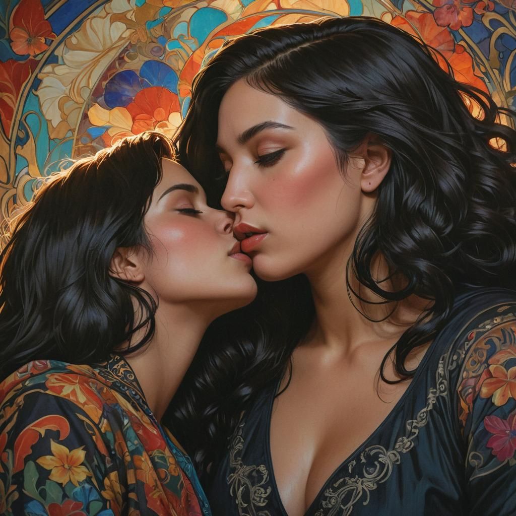 Two Women Kissing in Art Nouveau Style