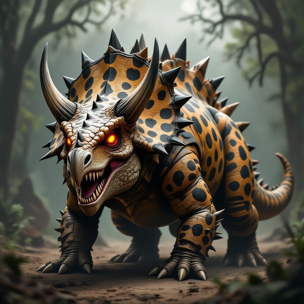 Mutated Triceratops Leopard Hybrid Dark Fantasy Art