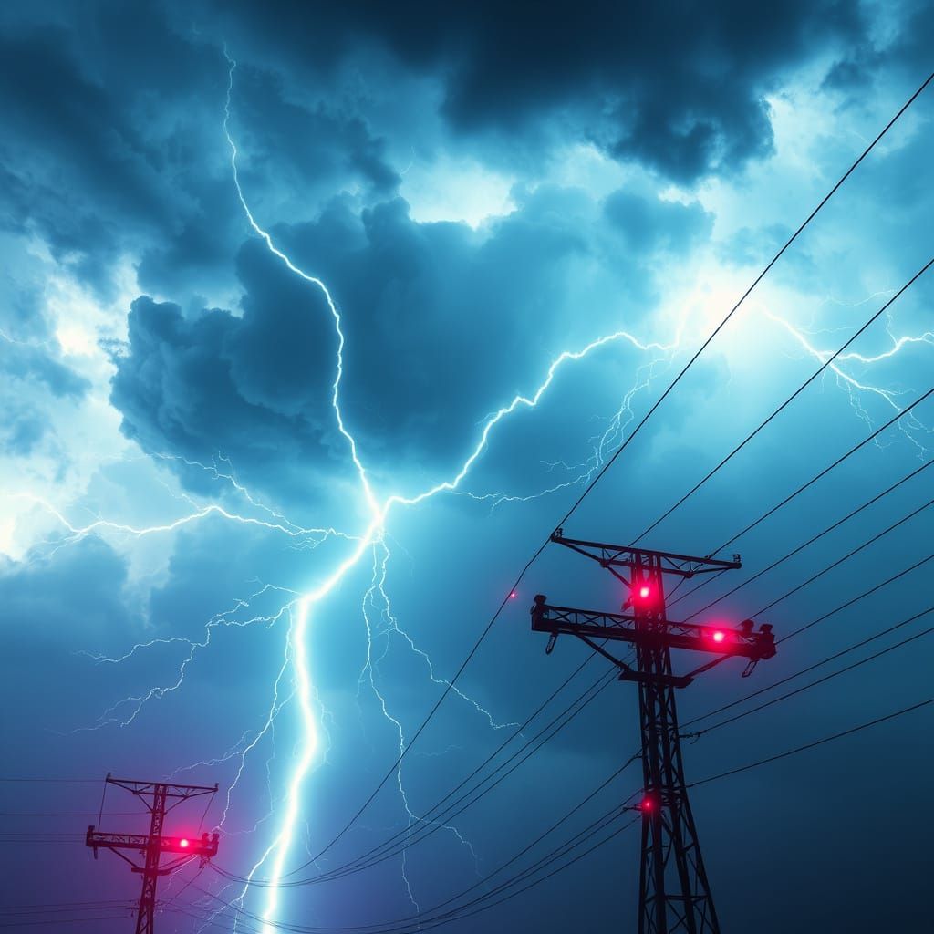 Lightning Strikes High-Voltage Wires in Stormy Sky