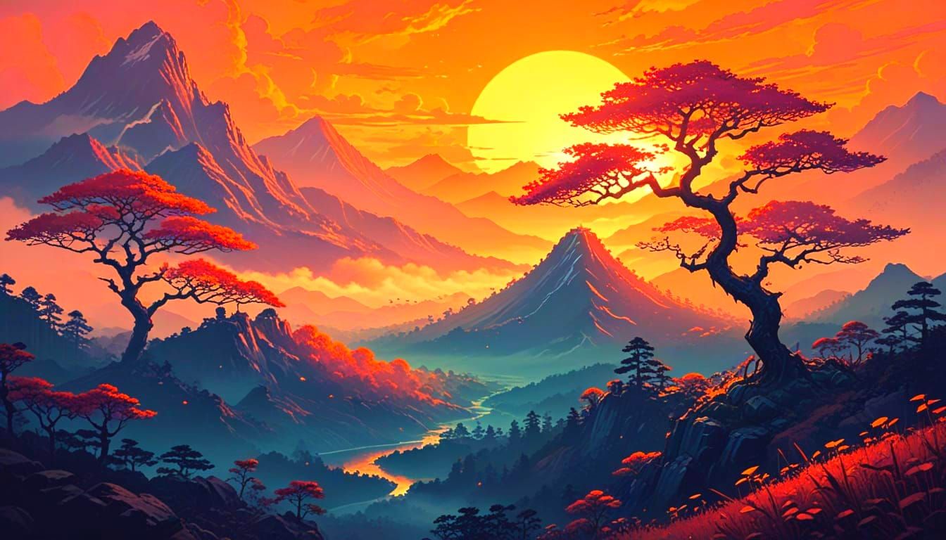Surreal Kanji Sunrise in Pixel Art Style