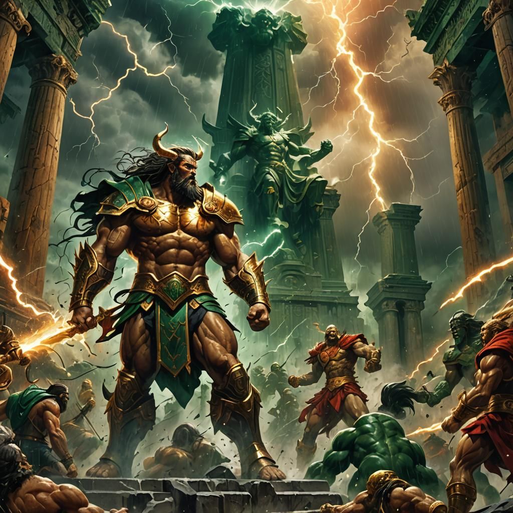 God Clashes with Zeus in Stormy Temple