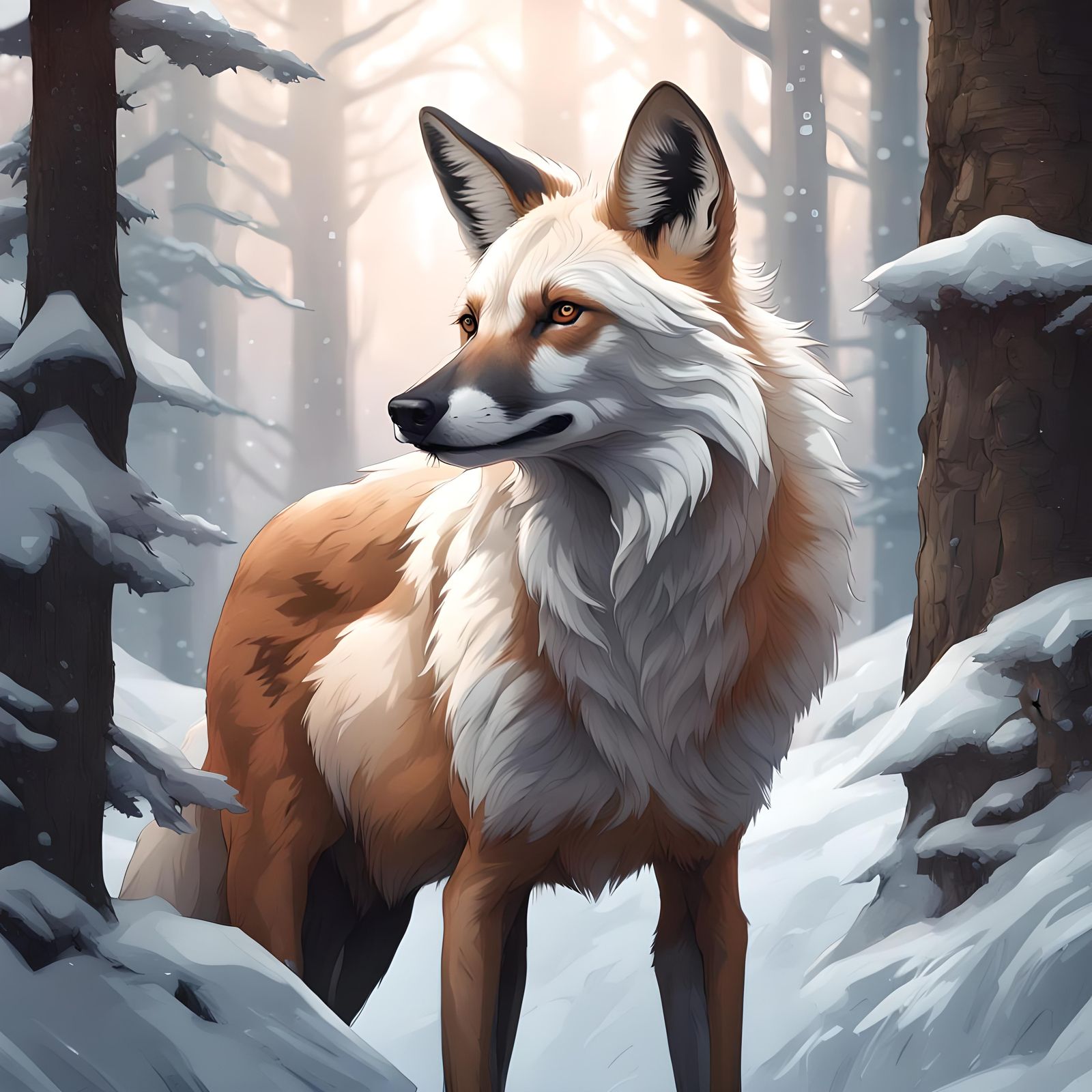 White-Maned Wolf Portrait in Snowy Landscape