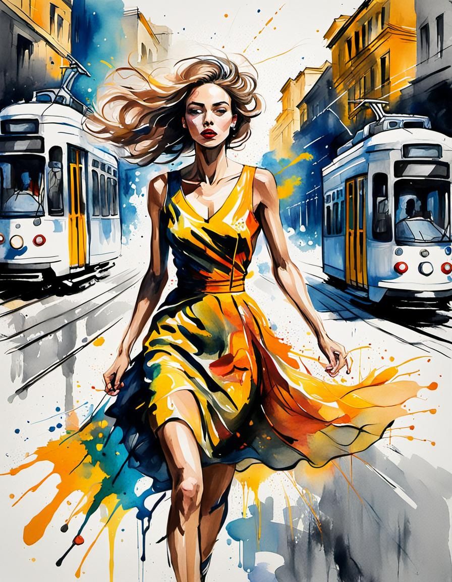 Girl Chasing Tram in Fauvist Street Art Style
