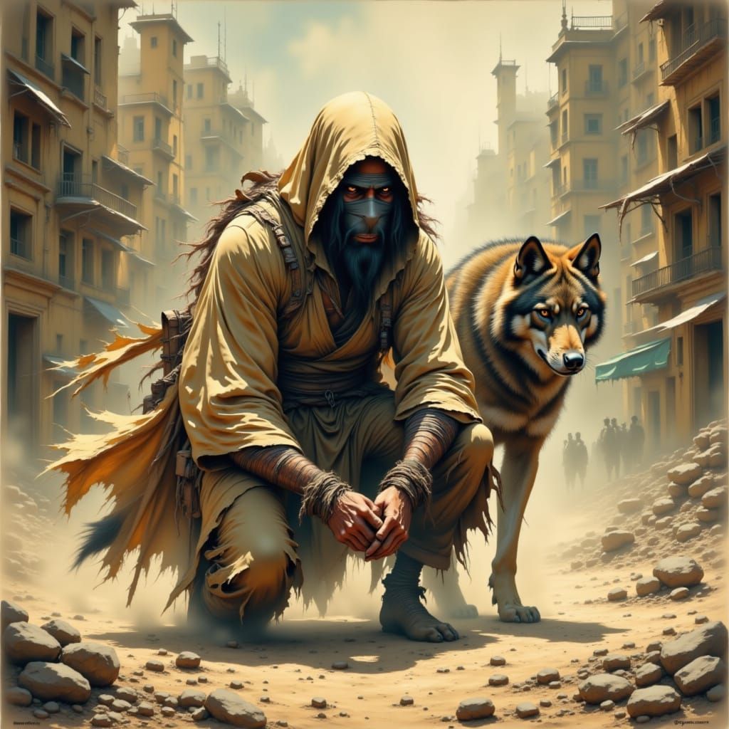 Post-Apocalyptic Ninja with Wolf in Dusty Cityscape