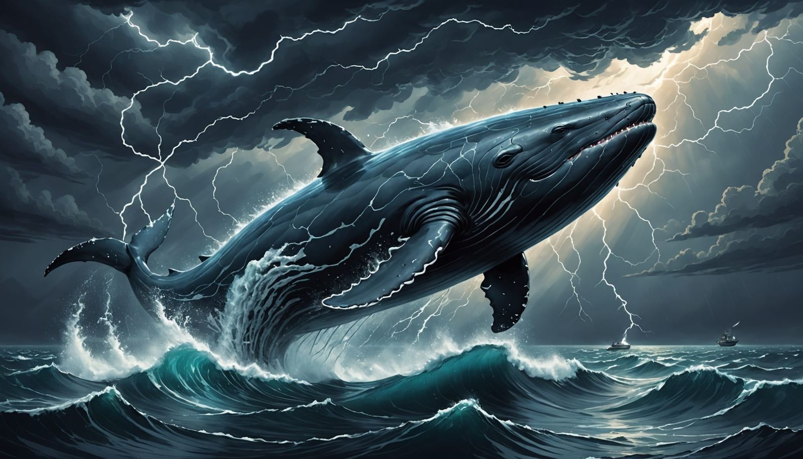 Storm Whale Swimming in Electric Ocean
