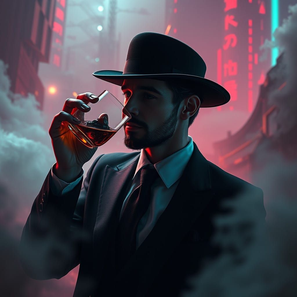 Cyberpunk Noir Figure in a Futuristic Dreamscape